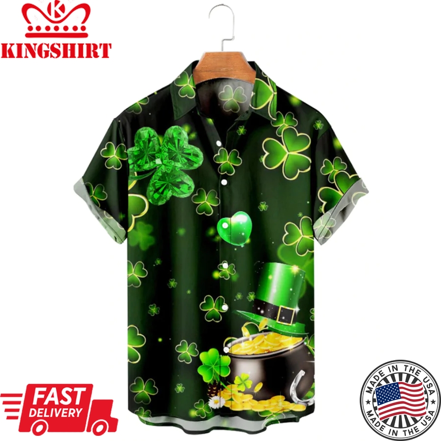 Saint Patrick's Day Of Gold Golden Trendy Hawaiian Shirt, St. Patrick's Day 3D Shirt, Shamrock Trendy Hawaiian Shirt