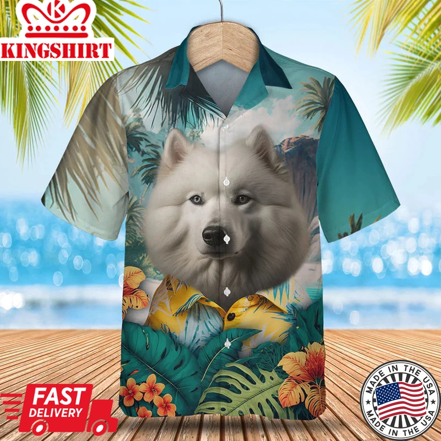 Samoyed 3D Tropical Trendy Hawaiian Shirt, Dog Lover Trendy Hawaiian Shirt, Summer Trendy Hawaiian Shirt For Men And Women