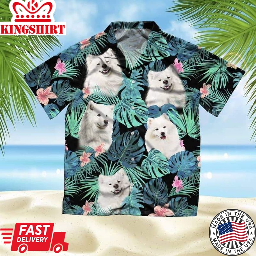 Samoyed Trendy Hawaiian Shirt, Dog Summer Leaves Trendy Hawaiian Shirt, Unisex Print Aloha Short Sleeve Casual Shirt Summer Gifts