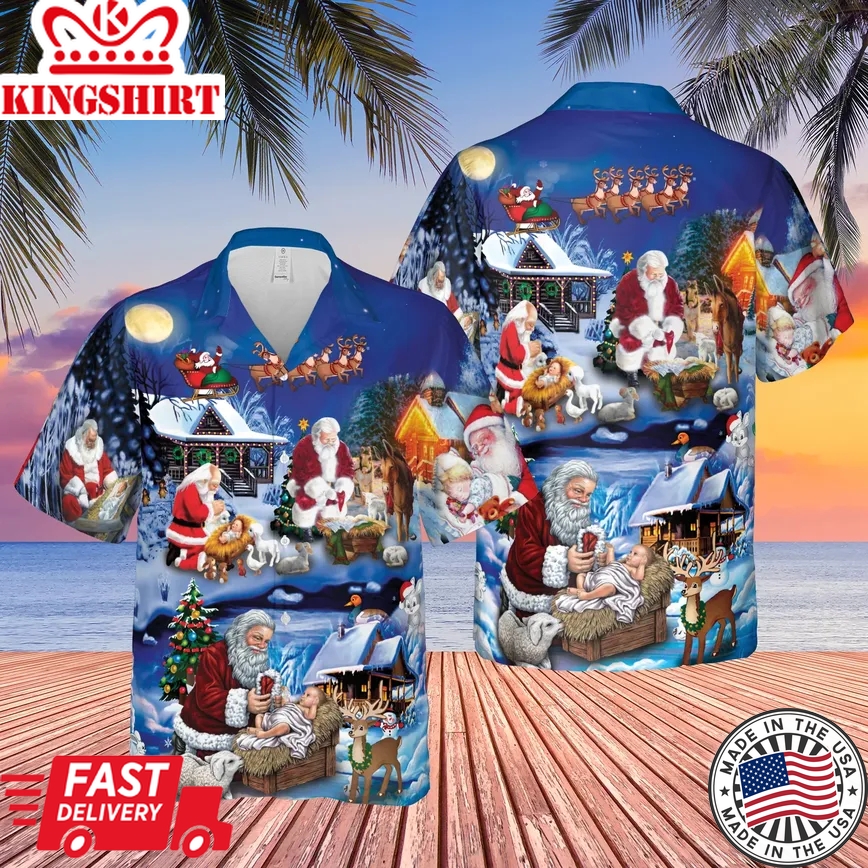 Santa Adoring Baby Jesus Trendy Hawaiian Shirt For Aloha Shirt