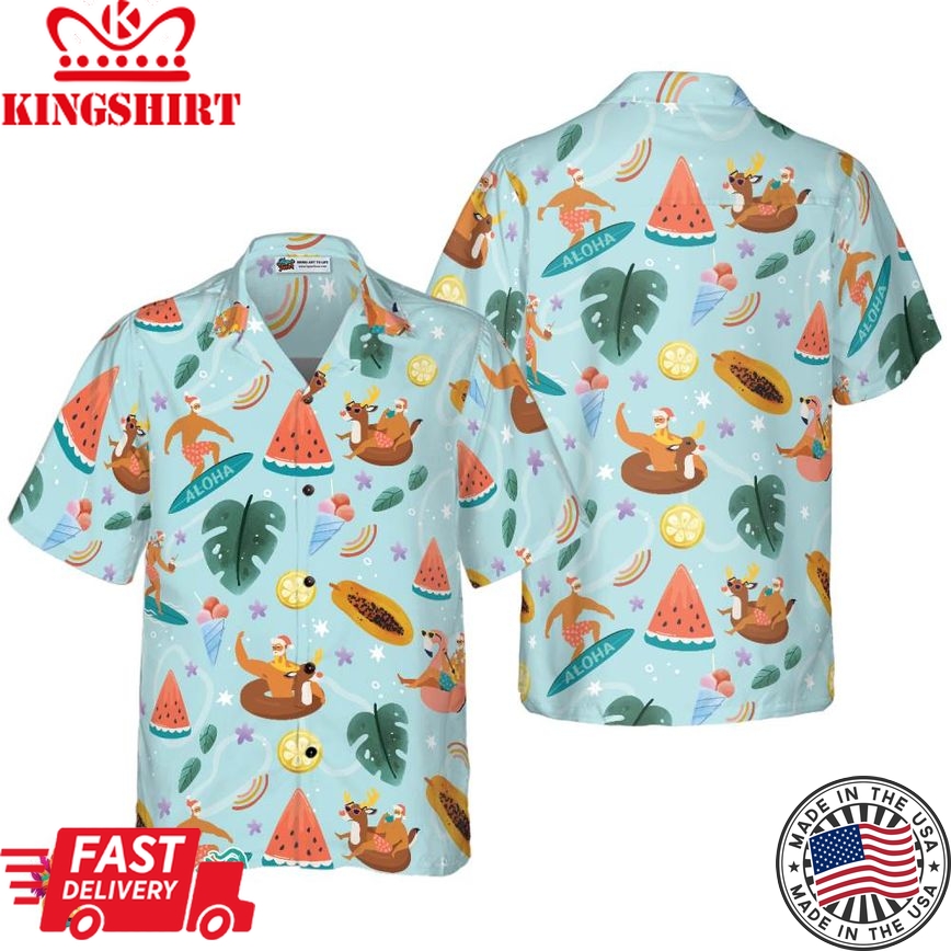 Santa Beach 2 Pattern Hawaiian Shirt, Christmas Shirts Short Sleeve Button Down Shirt For Men And Women