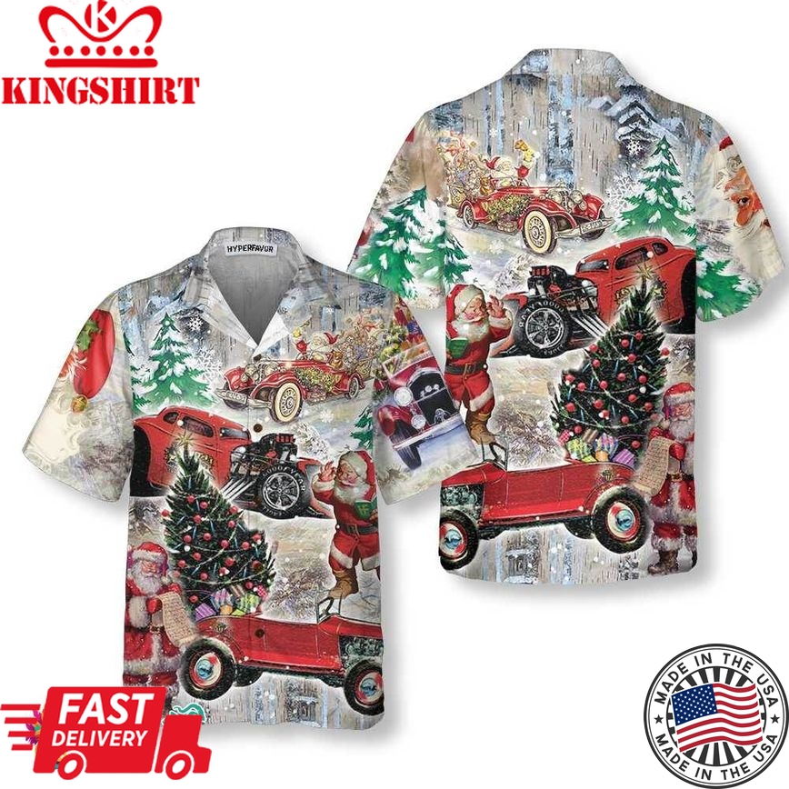 Santa Claus & His Hot Rod On Christmas Hawaiian Shirt, Funny Santa Hawaiian Shirt For Men