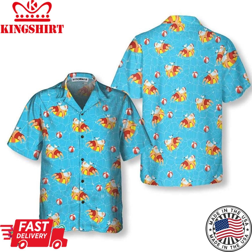 Santa Claus In Swimming Pool Pattern Hawaiian Shirt, Funny Santa Claus Shirt, Gift For Christmas