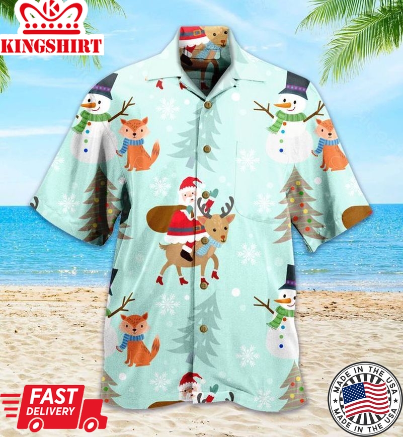 Santa Claus Snowman Deer Fox Winter Dusty Blue Trendy Hawaiian Shirt 3D, Fox Lover Trendy Hawaiian Shirt For Summer Gifts