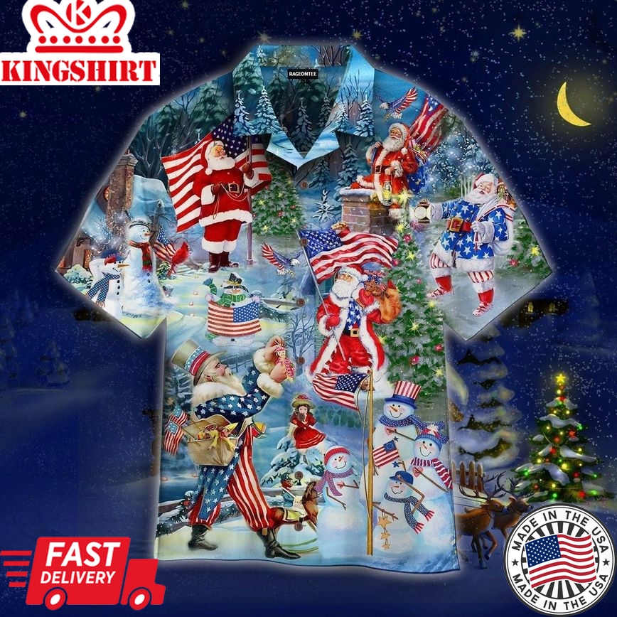 Santa Claus With American Flag On Christmas Day Trendy Hawaiian Shirt For