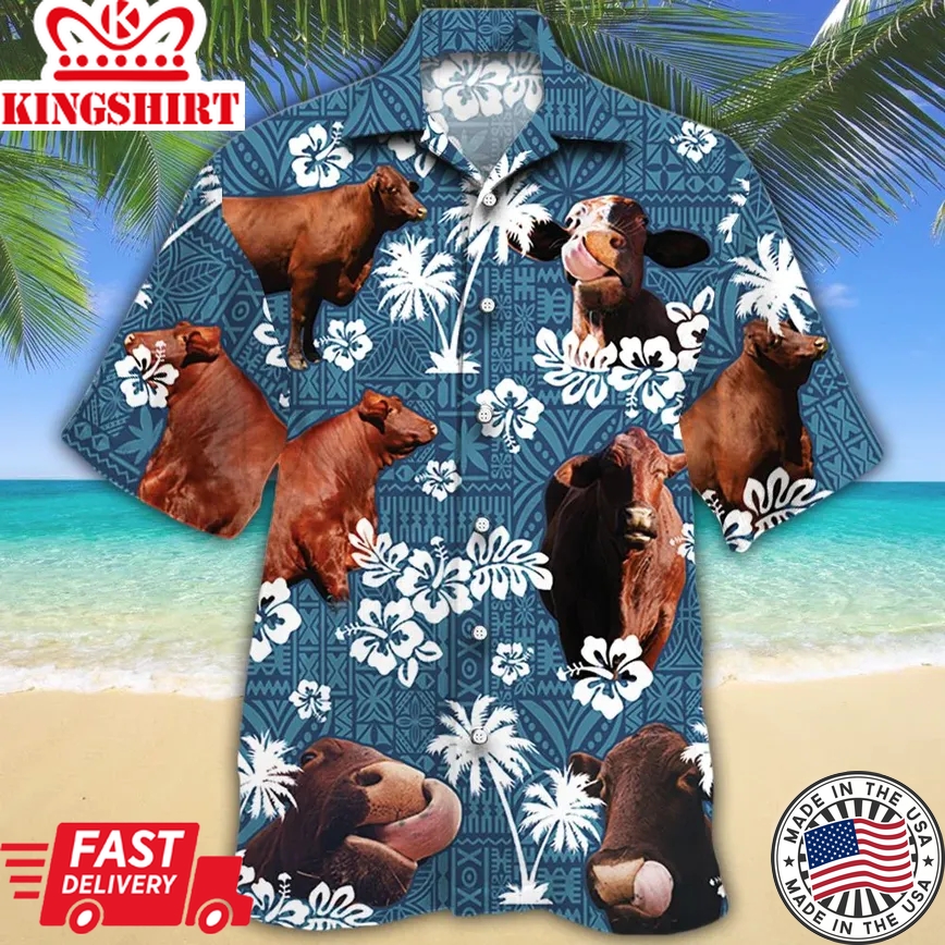 Santa Gertrudis Cattle Lovers Blue Tribal Pattern Trendy Hawaiian Shirt, Cow Trendy Hawaiian Shirt For Summer Gifts