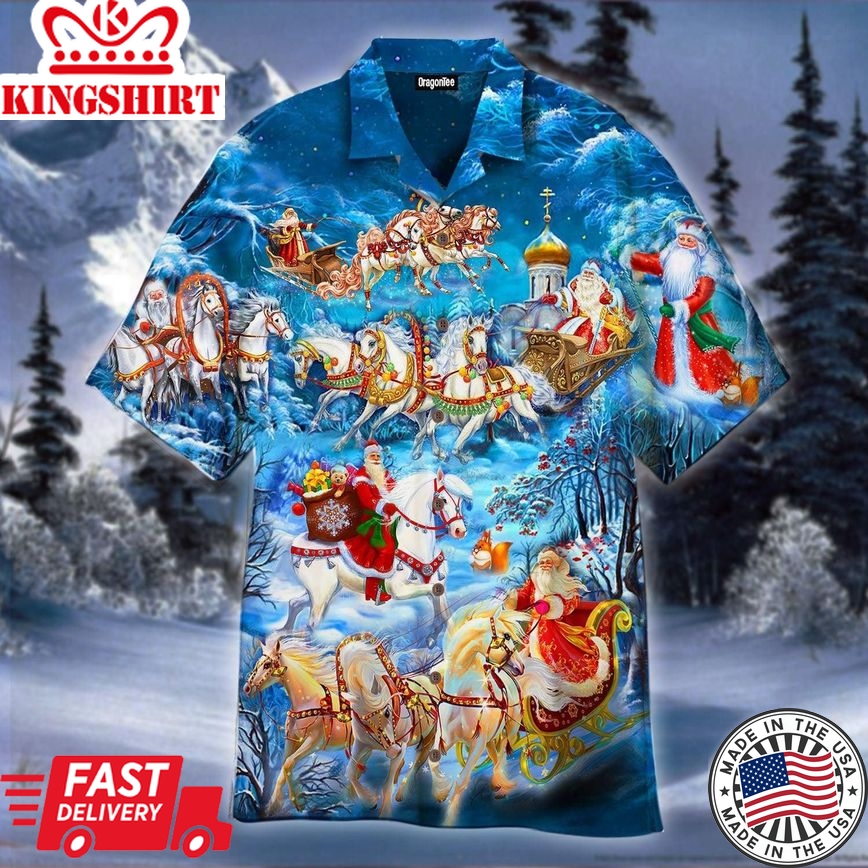 Santa Rides Into Town With Horse Trendy Hawaiian Shirt