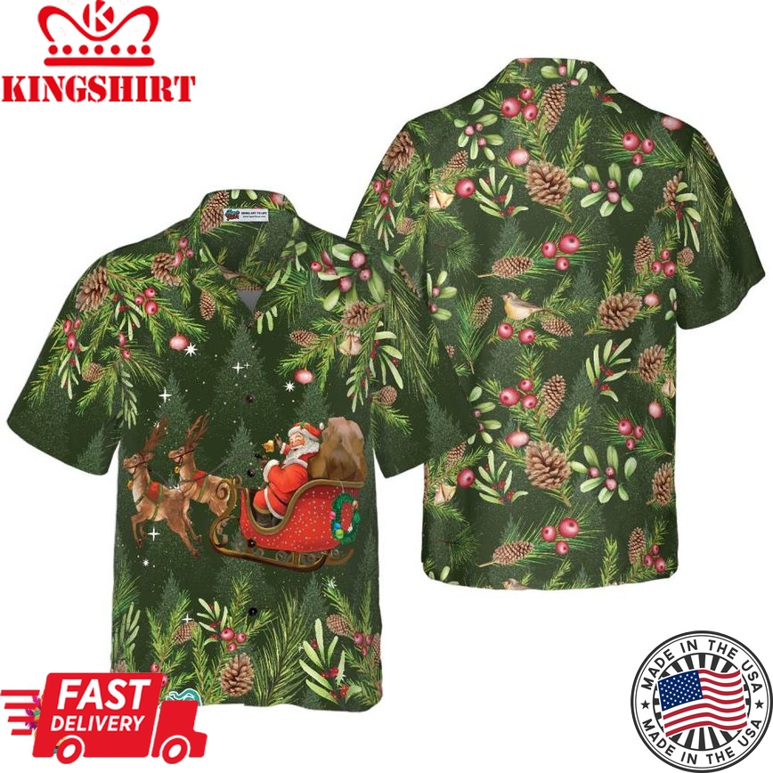 Santa Santa Riding Sleigh 1 Pattern Hawaiian Shirt, Christmas Shirts Short Sleeve Button Down Shirt For Men And Women