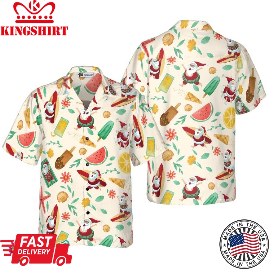 Santa Surfing 1 Pattern Hawaiian Shirt, Christmas Shirts Short Sleeve Button Down Shirt For Men And Women