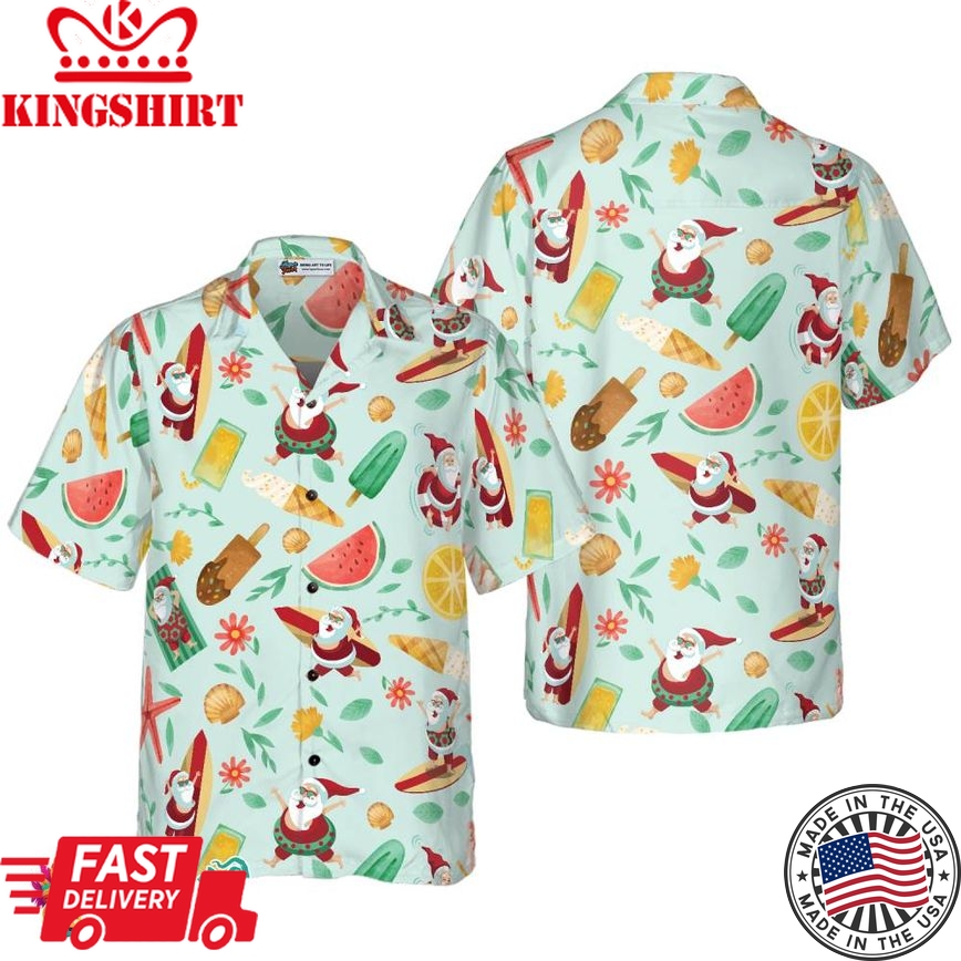 Santa Surfing 2 Pattern Hawaiian Shirt, Christmas Shirts Short Sleeve Button Down Shirt For Men And Women