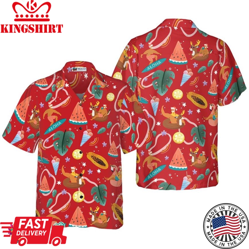 Santa Surfing 3 Pattern Hawaiian Shirt, Christmas Shirts Short Sleeve Button Down Shirt For Men And Women