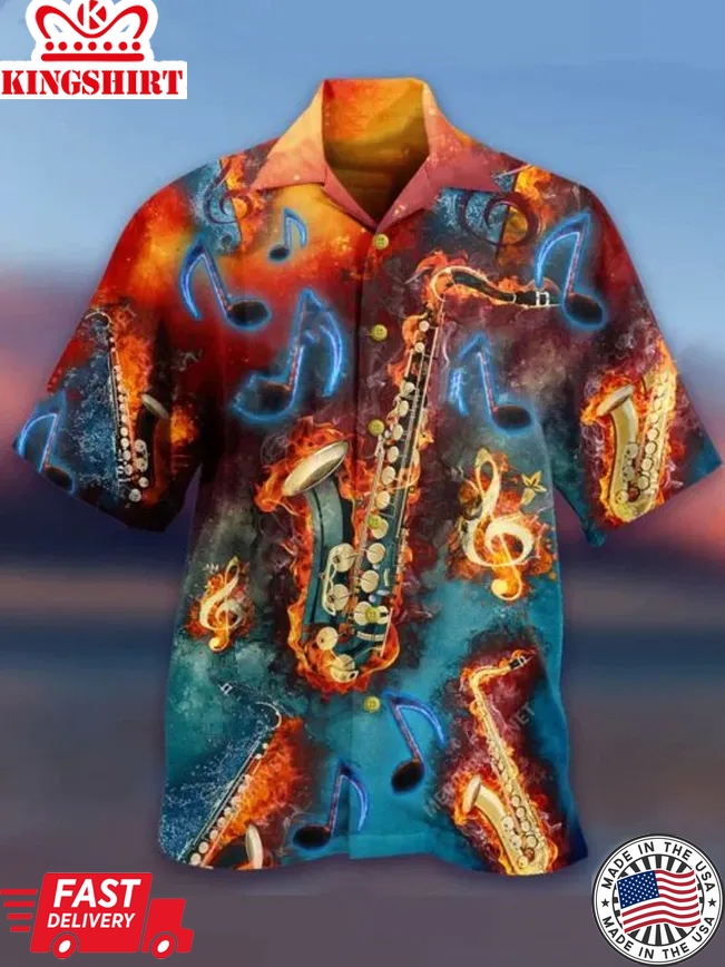 Saxophone Fire Flame Trendy Hawaiian Shirt