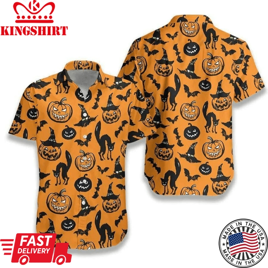 Scary Black Cat Halloween Trendy Hawaiian Shirt, Unisex Print Aloha Short Sleeve Casual Shirt