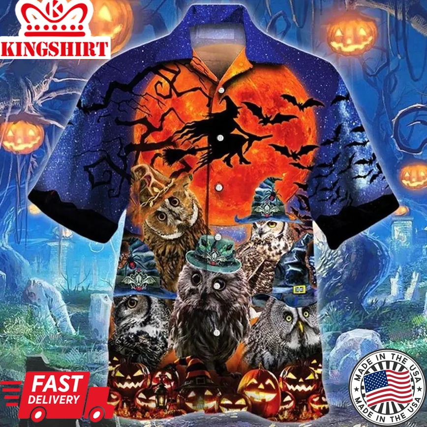 Scary Enough Halloween Owls Trendy Hawaiian Shirt, Unisex Print Aloha Short Sleeve Casual Shirt