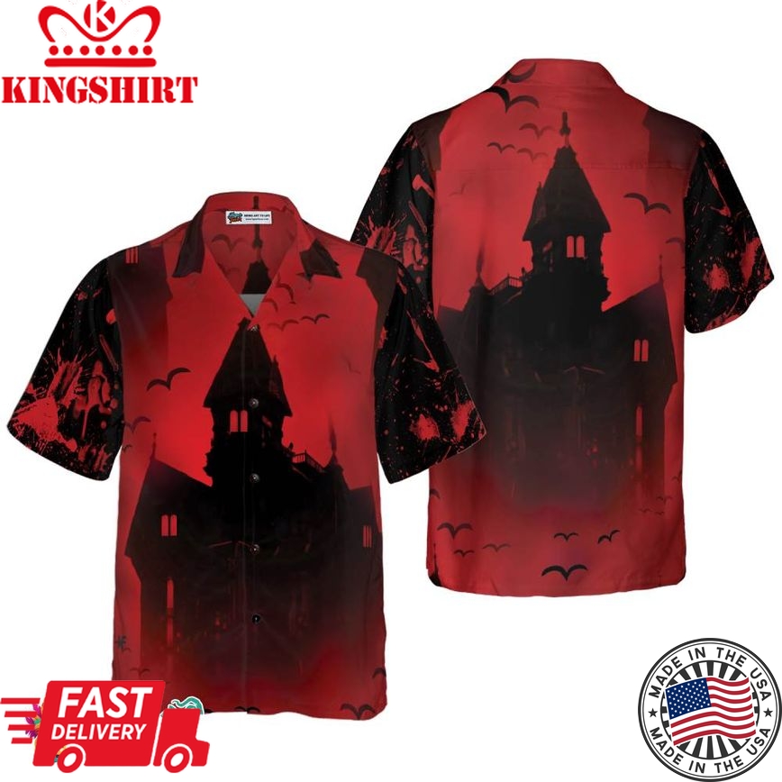 Scary Vampire Castle Halloween Hawaiian Shirt For Men, Black And Red Castle Transylvania Hawaiian Shirt