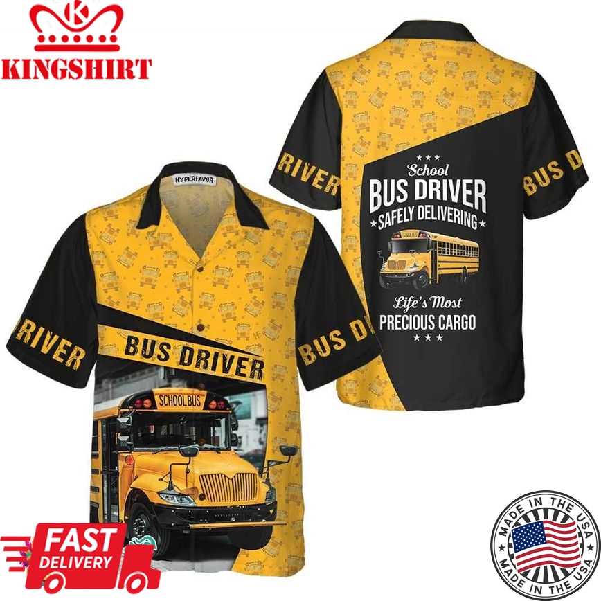 School Bus Driver Safely Delivering Hawaiian Shirt, Black And Yellow Bus Driver Shirt For Adults