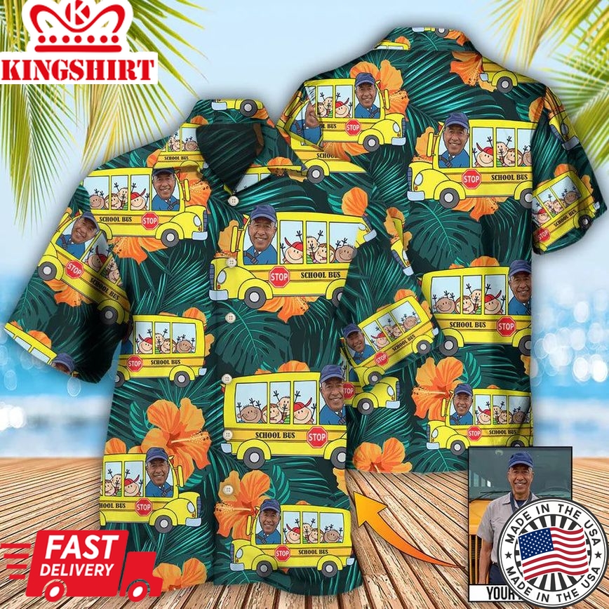 School Bus Driver Tropical Custom Photo Hawaiian Shirt