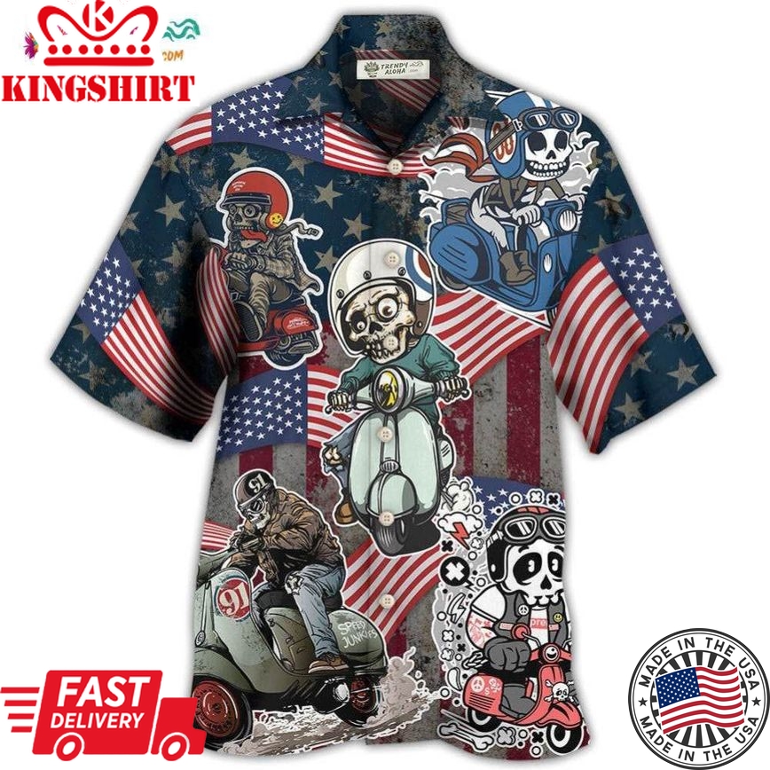 Scooter Skeleton Usa Flag Independence Day Hawaiian Shirt