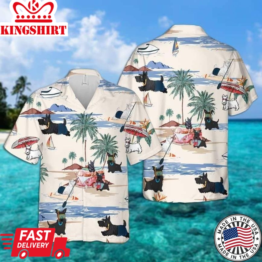 Scottish Summer Beach Trendy Hawaiian Shirt, Dog Beach Short Sleeve Trendy Hawaiian Shirt