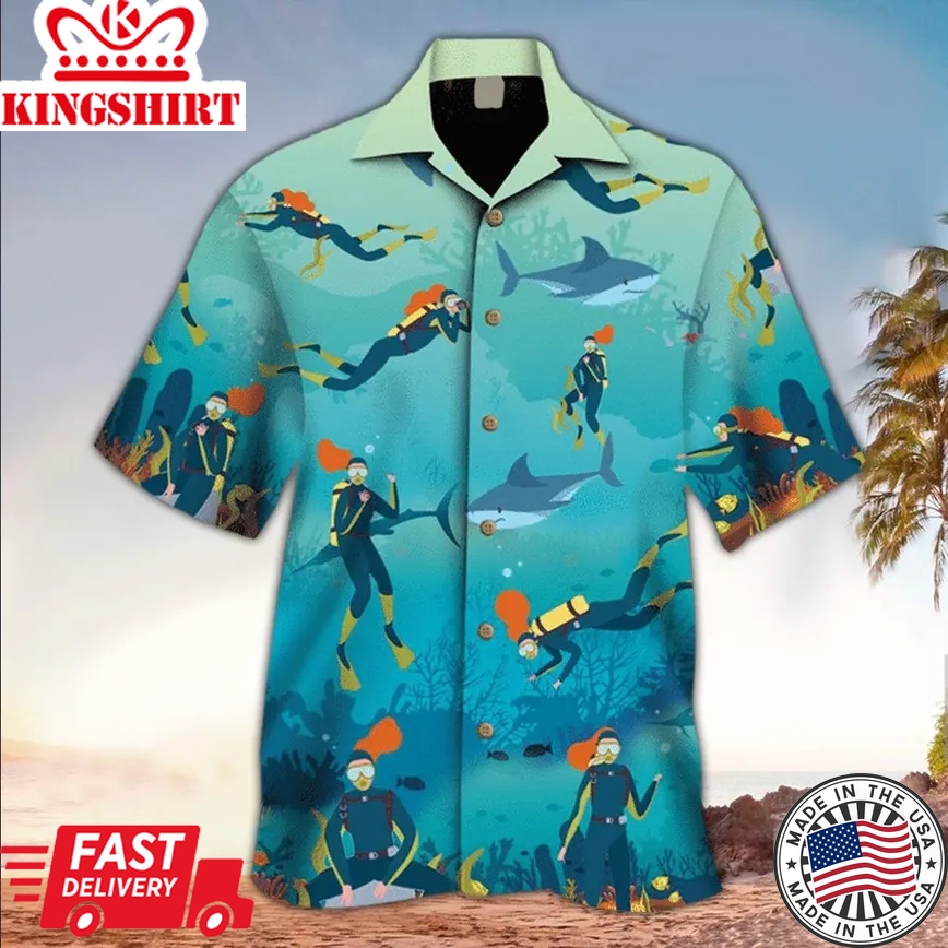 Scuba And Shark Trendy Hawaiian Shirt, Shark Lover Trendy Hawaiian Shirt