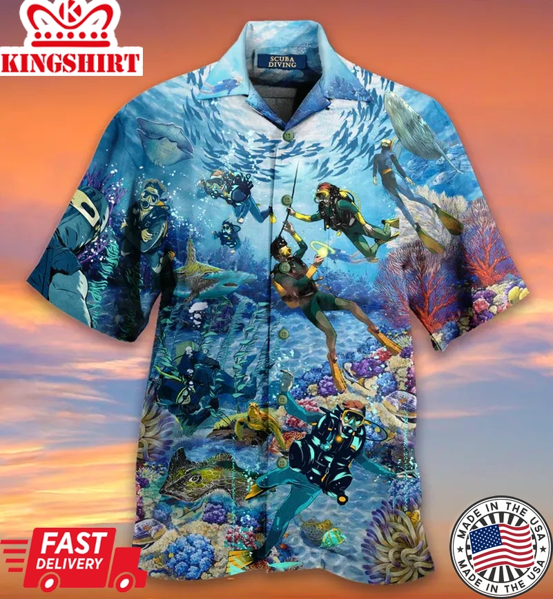 Scuba Diving Blue Ocean Colorful Coral Fish Pattern Trendy Hawaiian Shirt 3D, Coral Trendy Hawaiian Shirt For Summer Gifts