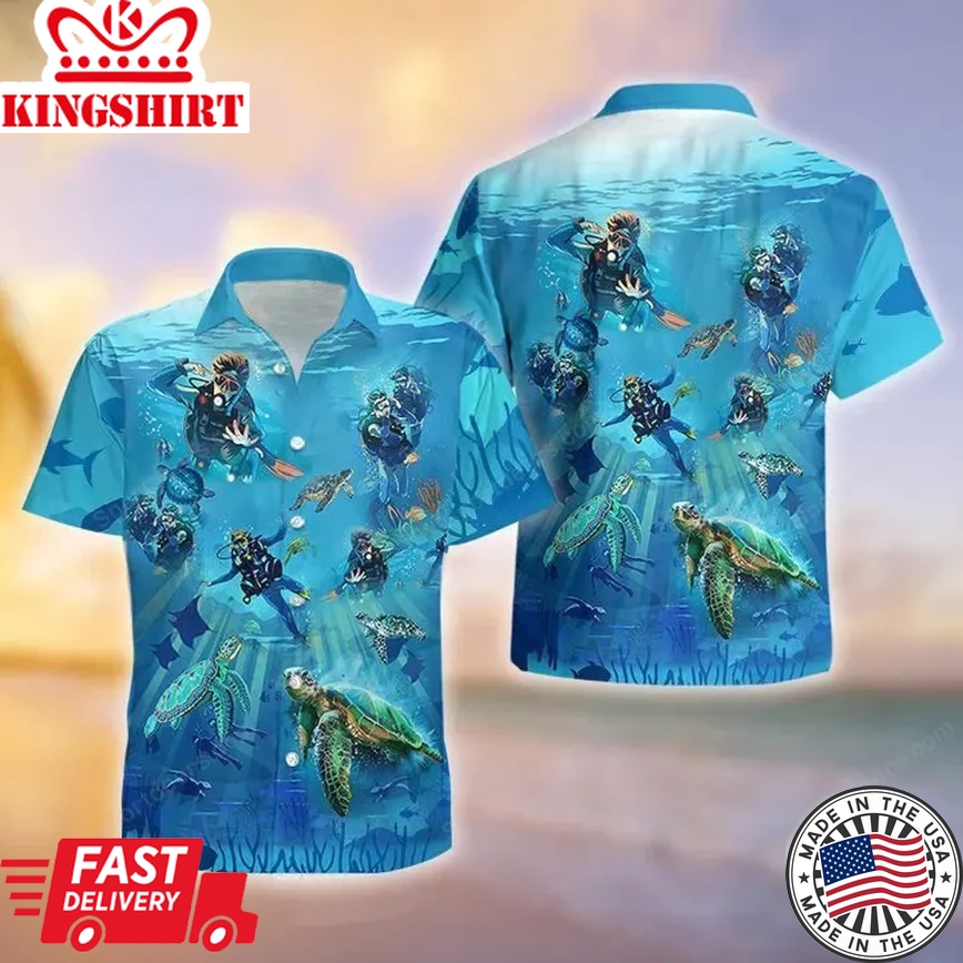 Scuba Diving Ocean Turtle Tropical Trendy Hawaiian Shirt, Summer Gift, Trendy Hawaiian Shirts For Men, Aloha Beach Shirt