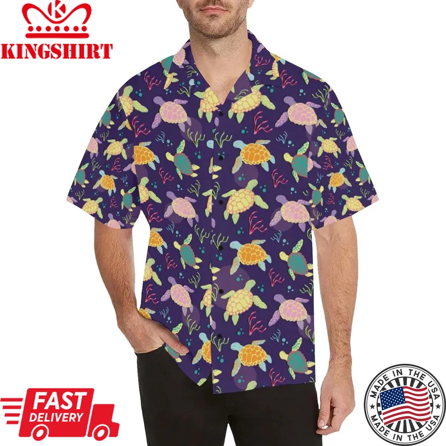 Sea Turtle Color Smile Trendy Hawaiian Shirt, Turtle Lover Trendy Hawaiian Shirt For