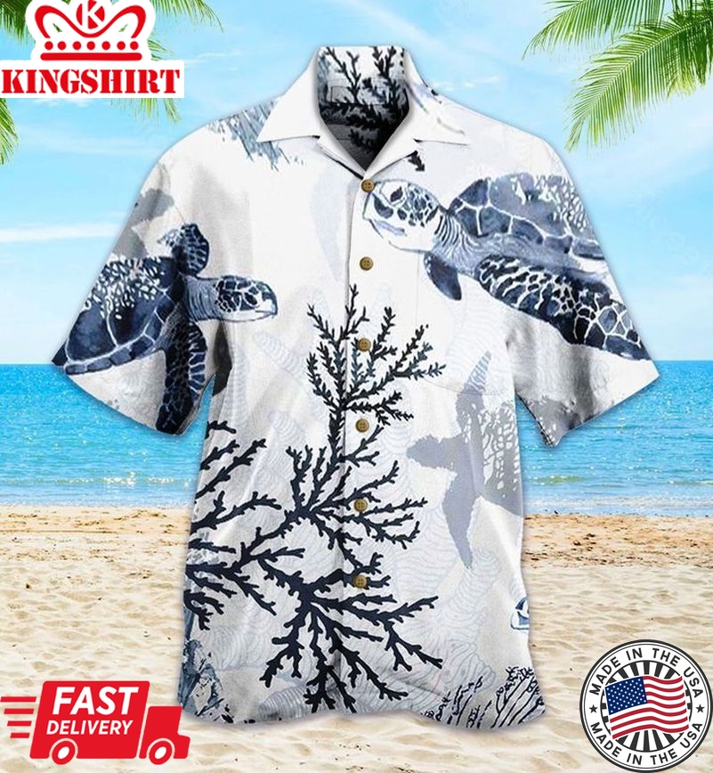 Sea Turtle Coral Beach Blue Trendy Hawaiian Shirt 3D, Coral Trendy Hawaiian Shirt For Summer Gifts