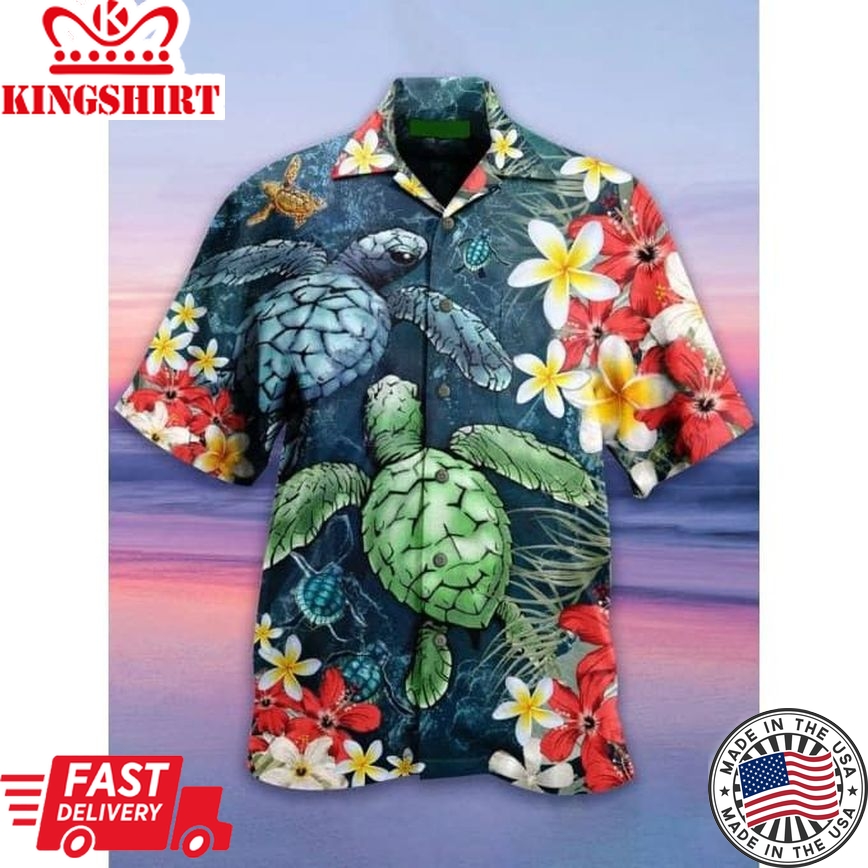 Sea Turtle Flowers Trendy Hawaiian Shirt, Turtle Lover Trendy Hawaiian Shirt For