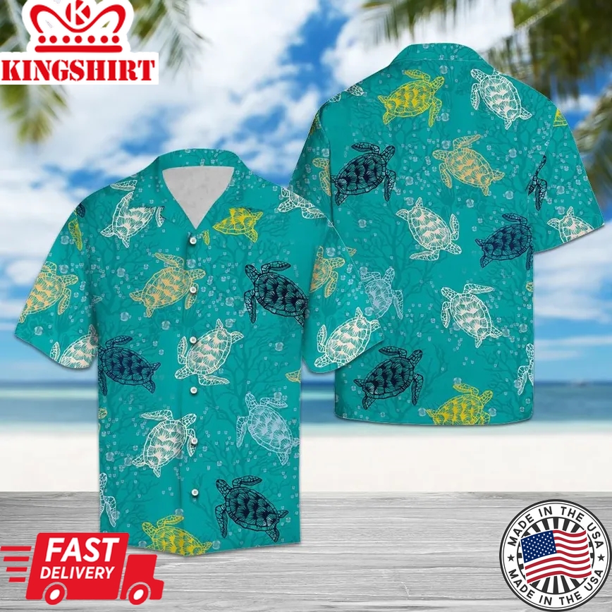 Sea Turtle Pattern Trendy Hawaiian Shirt, Turtle Lover Trendy Hawaiian Shirt For