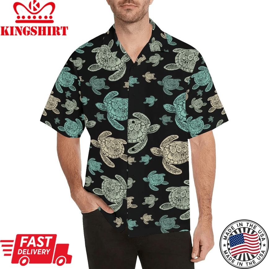 Sea Turtle Stamp Pattern Trendy Hawaiian Shirt, Turtle Lover Trendy Hawaiian Shirt For