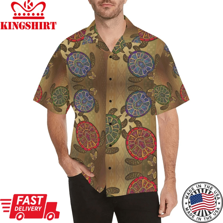 Sea Turtle Tribal Colorful Trendy Hawaiian Shirt, Turtle Lover Trendy Hawaiian Shirt For