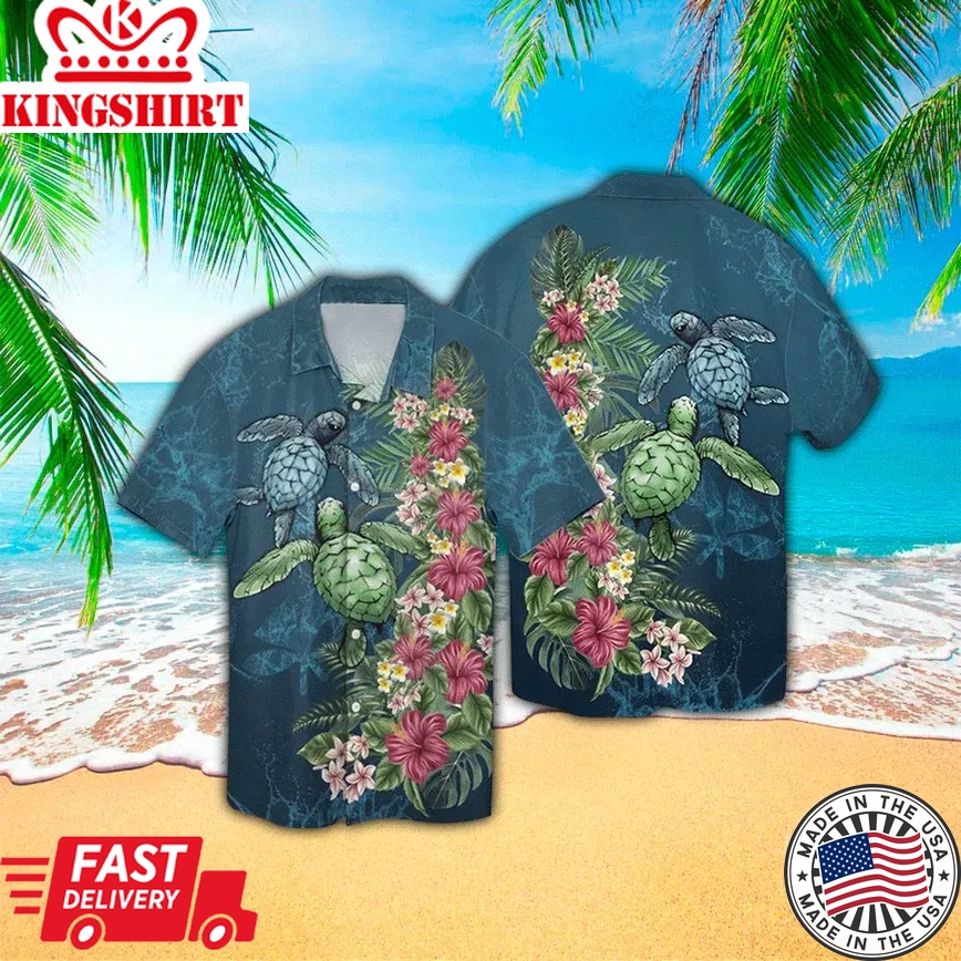 Sea Turtle With Tropical Leaf Flower 3D Print Polyester Trendy Hawaiian Shirt