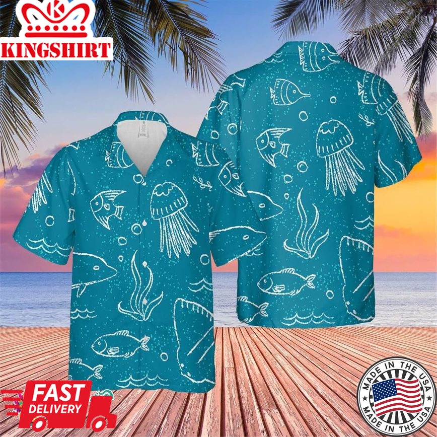 Sealife Hand Drawn Trending Hawaiian Shirt, Summer Vacation Hawaiian Shirt