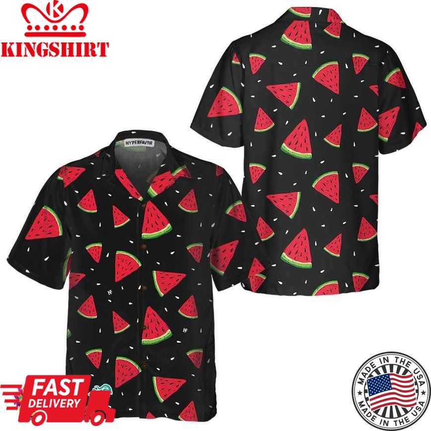 Seamless Hand Drawn Watermelon Pattern Hawaiian Shirt, Black Watermelon Print Shirt For Men & Women