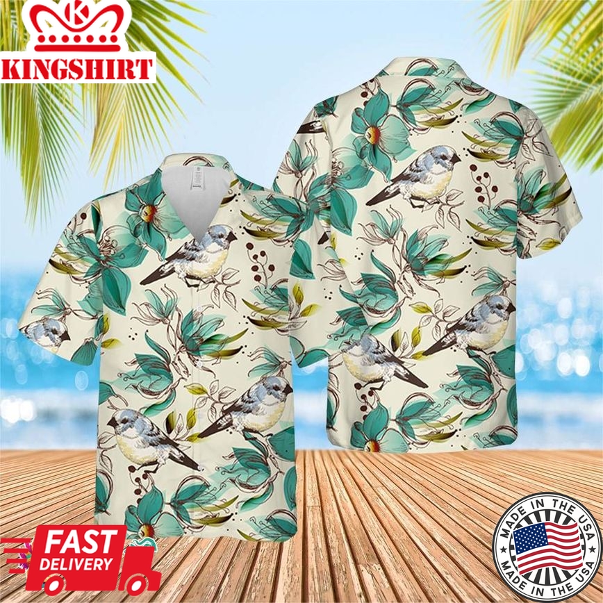 Seamless Pattern Cute Flowers And Birds Hawaiian Shirt, Short Sleeve Hawaiian Aloha Shirt, Flowers And Birds Birthday Hawaiian