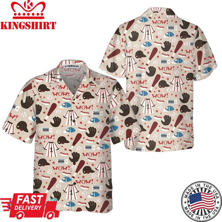 Seamless Pattern Of Baseball Equipments Baseball Hawaiian Shirt, Button Up Baseball Shirt For Men & Women, Cool Baseball Gift