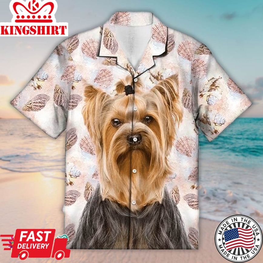 Seashells And Cute Yorkshire Terrier Colorful Hawaiian Aloha Beach Shirt