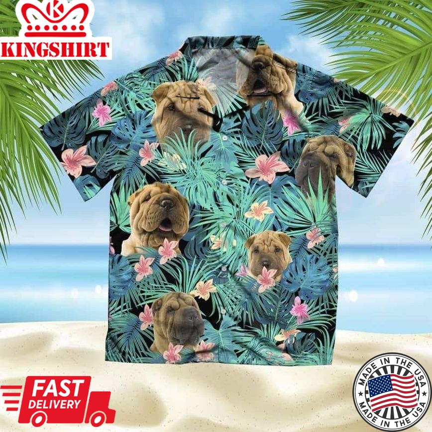 Shar Pei Dog Trendy Hawaiian Shirt, Dog Summer Leaves Trendy Hawaiian Shirt, Unisex Print Aloha Short Sleeve Casual Shirt Summer Gifts