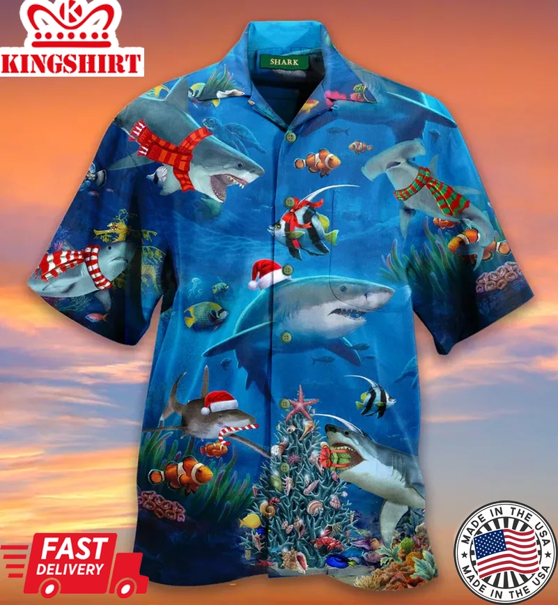 Shark Christmas Coral Tree Clown Fish Santa Hat Blue Ocean Trendy Hawaiian Shirt 3D, Coral Trendy Hawaiian Shirt For Summer Gifts