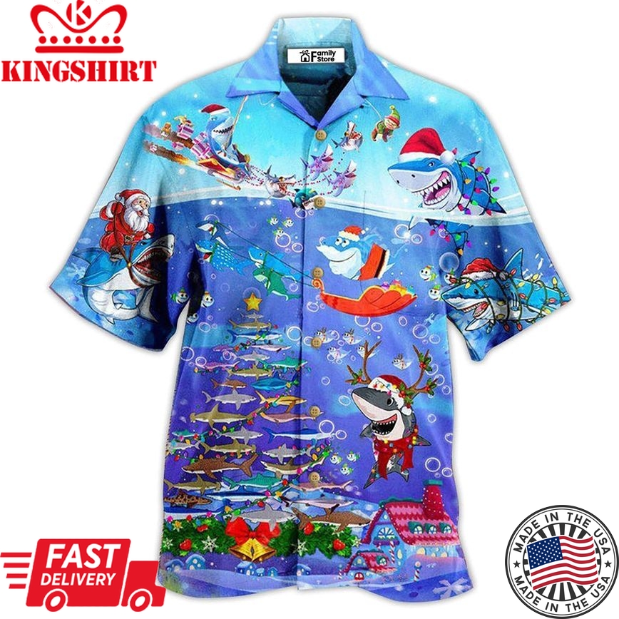 Shark Christmas Santa Shark Sits On Rockets And Brings Gifts To Ocean Hawaiian Shirt