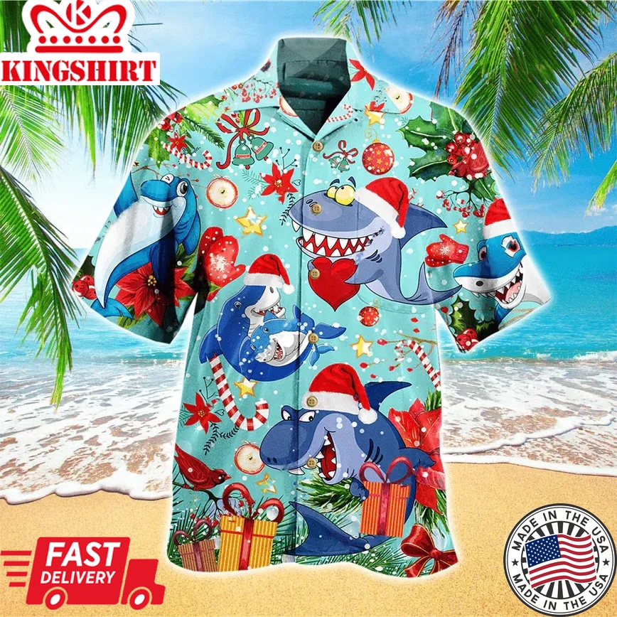 Shark Christmas Trendy Hawaiian Shirt, Shark Lover Trendy Hawaiian Shirt For