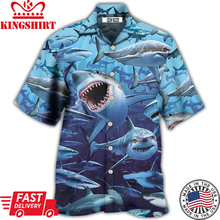 Shark Family Hunting Together Hawaiian Shirt