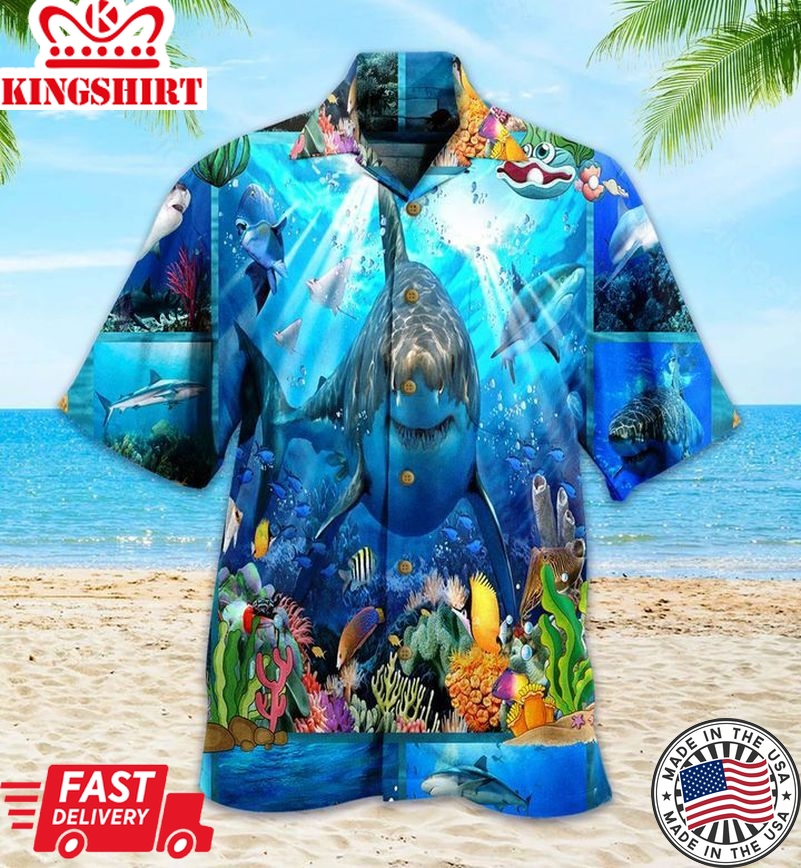 Shark Fish Coral Blue Trendy Hawaiian Shirt 3D Summer Gifts