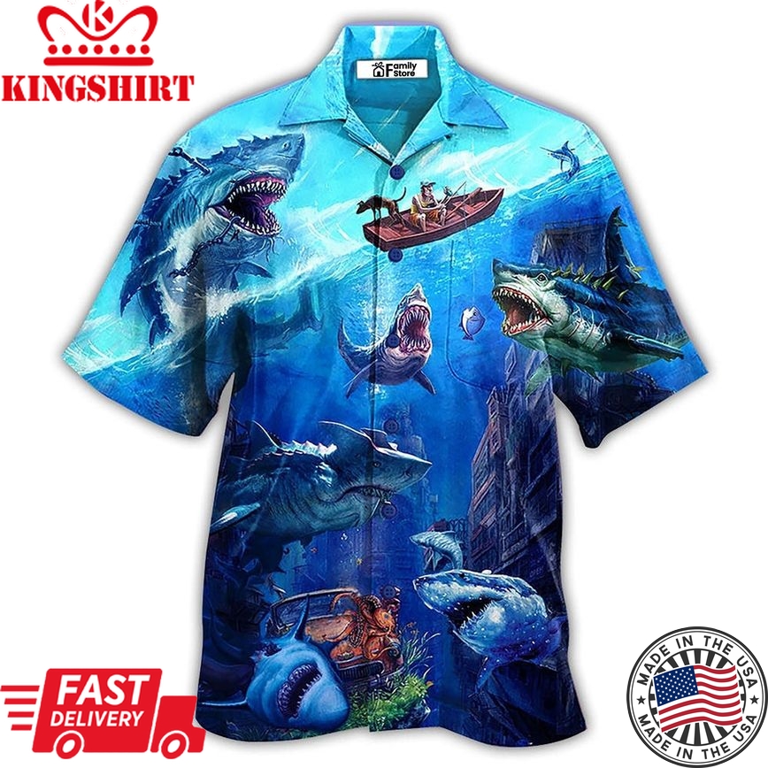 Shark Fishing Shark With Small Ship Blue Ocean Hawaiian Shirt