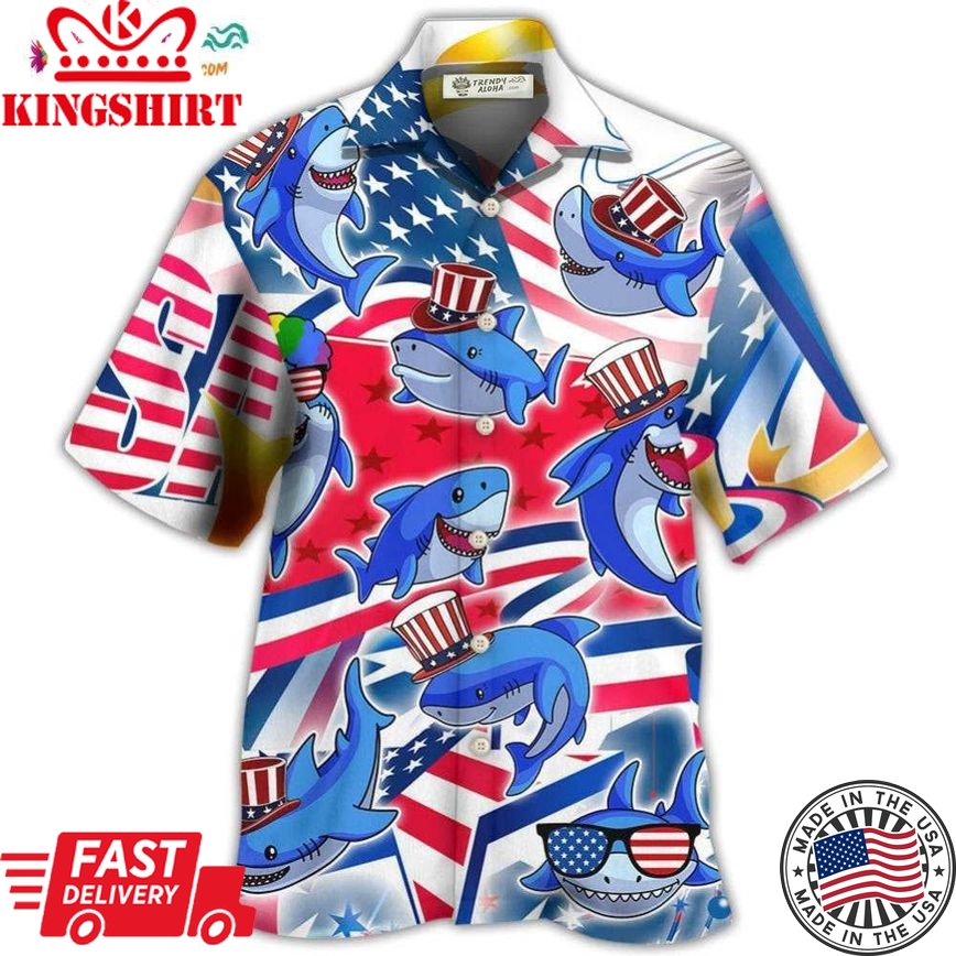 Shark Funny Usa Flag Independence Day Hawaiian Shirt