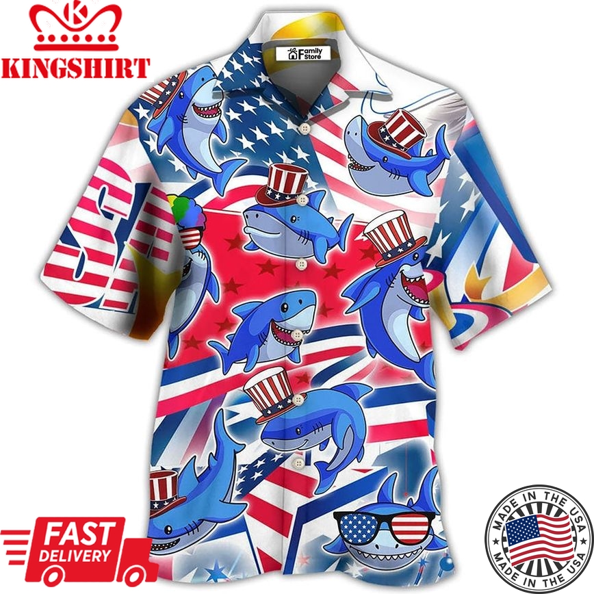 Shark Funny Usa Flag Independence Day Hawaiian Shirt