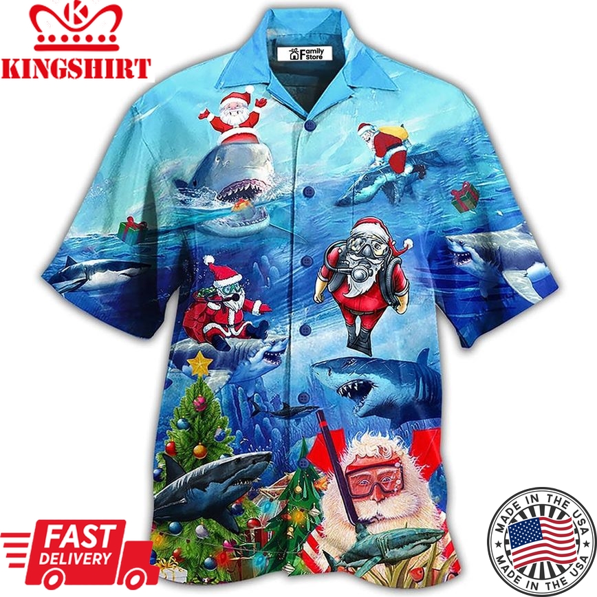 Shark Love Santa Blue Sea Hawaiian Shirt