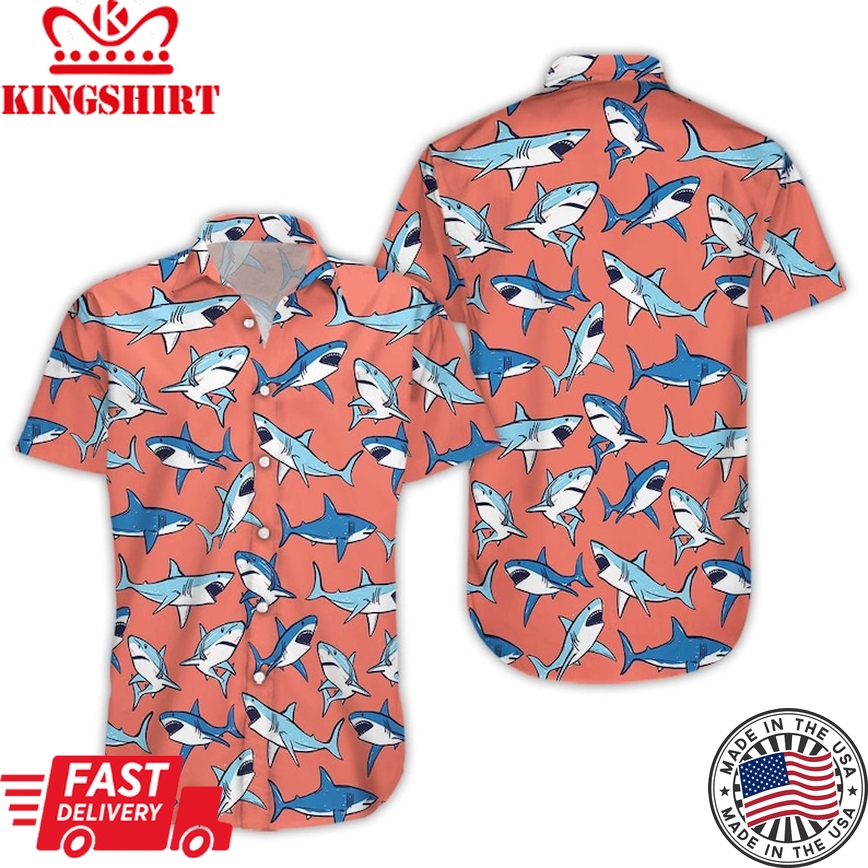 Shark Print Trendy Hawaiian Shirt, Cool Blue Shark Pattern Red Hawaii Shirt