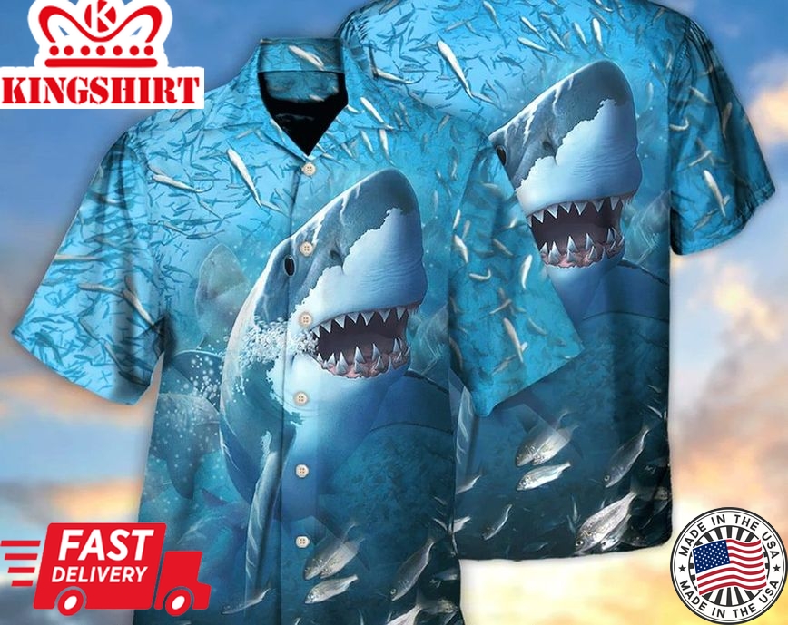 Shark Swims Through Baitfish Shoal - Trendy Hawaiian Shirt, Vintage Trendy Hawaiian Shirt, Gift For Summer, Gifts For Bachelor Party, Hawaiian Set Gift.